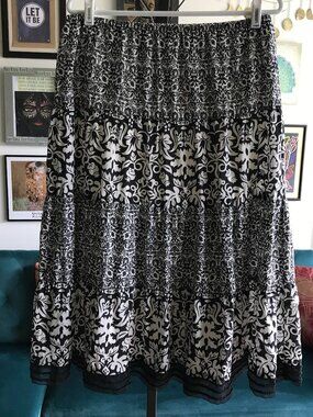 White House Black Market size S Floral Tiered Silk Midi Skirt with Beaded Hem